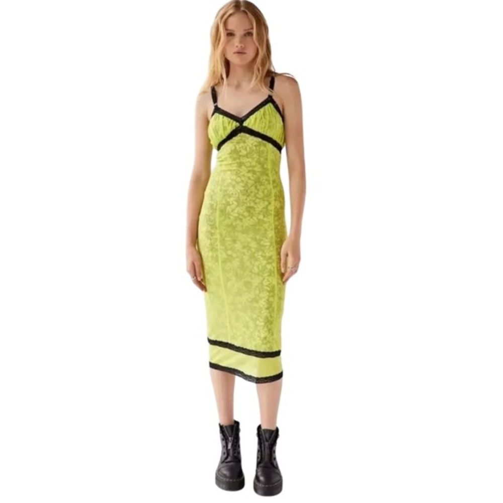 Urban Outfitters Olivia mesh midi dress neon Green Yellow black lace trim